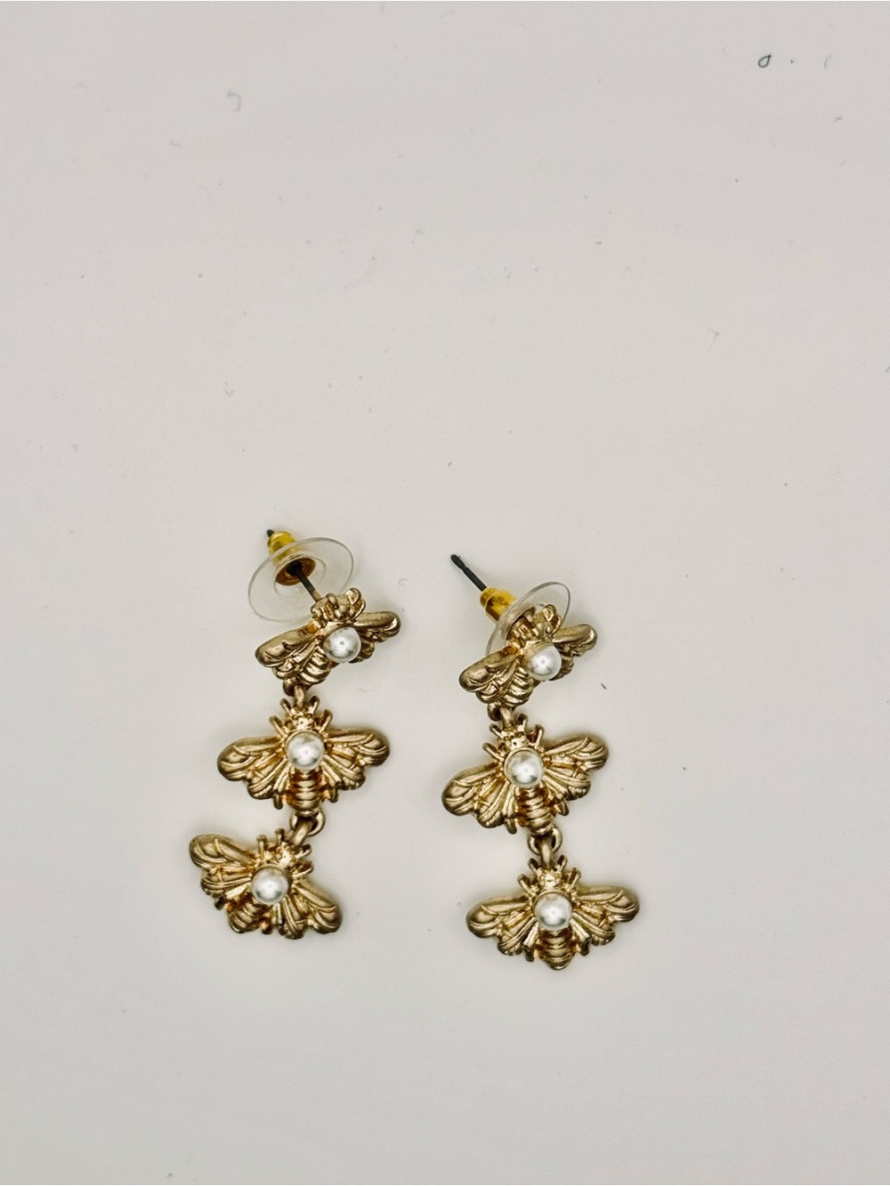 Gold Bee Drop Earrings with Pearl Detail - New - Picture 3 of 11